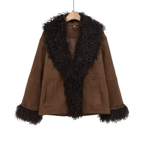 Giacca da Donna in Similpelle Scamosciata Vintage Con Collo in Pelliccia Sintetica Marrone Manica Lunga Cappotto Invernale