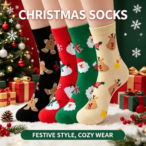 Christmas Crew Socks Cotton Blend Santa Snowman Reindeer Pattern Holiday Casual Winter Breathable Mid Calf For Women