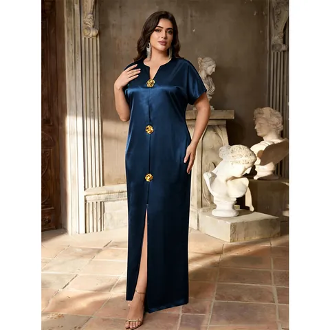Damen Übergröße Satin Maxi Kleid V Ausschnitt Kurzarm Schlitz Mit 3D Gold Rosenknöpfen Elegantes Party Abend Langes Gewand