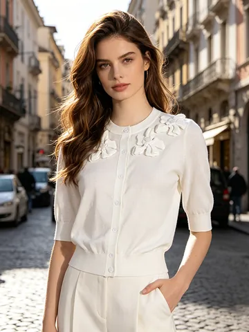 Cardigan in Maglia con Applique Floreale 3D Elegante da Donna Girocollo Mezza Manica con Bottoni Top Maglione Bianco Casual
