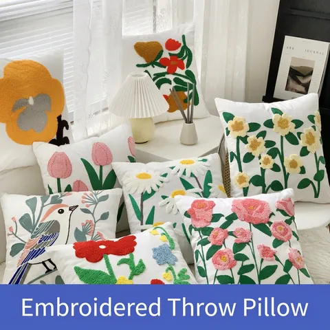 Floral Embroidery Cushion Cover Cotton Linen Tufted Chenille Tulip Sunflower Bird Sofa Decor Square Case Nordic Style