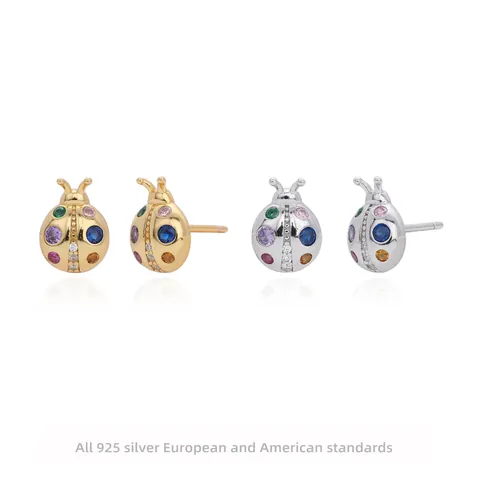 Pendientes De Botón Mariquita Plata De Ley 925 Circonita Cúbica Colorida Pequeña Joya Animal Linda Mujeres Niñas