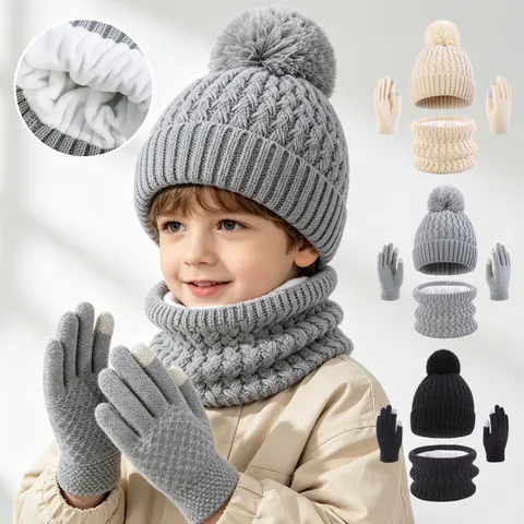 Set Berretto In Maglia Invernale Scaldacollo E Guanti Touch Screen Per Bambini Foderato In Pile Caldo Pesante All'aperto