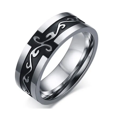 Anello in Acciaio al Titanio con Motivo a Croce per Uomo Vintage Punk Gothic Inciso Band Ring Larghezza 8mm Argento Nero Gioielli Regalo