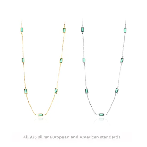 925 Sterling Silver Necklace With Emerald Green Baguette Zirconia Vintage French Retro Style Box Chain Minimalist Jewelry For Women