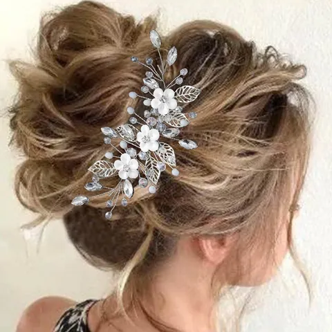 Accessorio Capelli Sposa Fatto a Mano Foglia Argento Fiore Bianco Perla Artificiale Strass Cristallo Elegante Copricapo Gioielli Donna