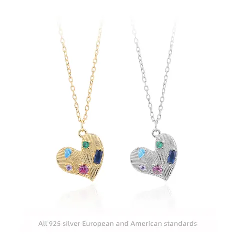 S925 Sterling Silver Heart Pendant Necklace Multi Color Zirconia Gold Silver Plated Chain Jewelry For Women Travel Gift