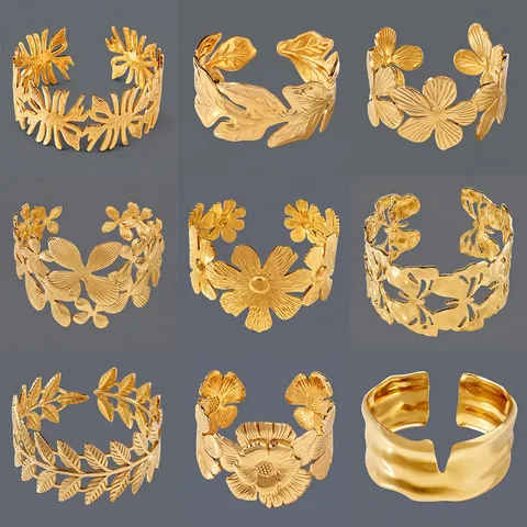 Women Stainless Steel Open Cuff Bracelet 18K Gold Plated Adjustable Floral Heart Leaf Butterfly Geometric Fashion Jewelry