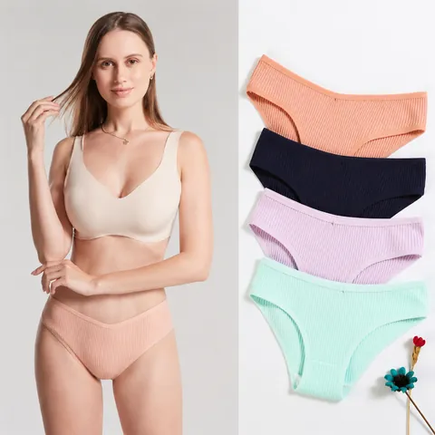 Womens Panties Pure Cotton Ribbed Breathable Low Waist Solid Color Comfortable Briefs For Ladies