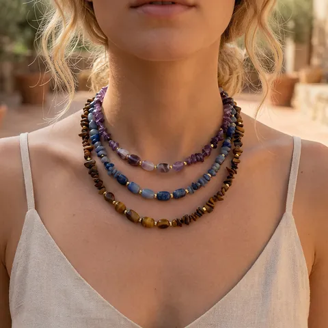 Collana Fatta a Mano con Scaglie di Pietra Naturale Irregolare per Donna Boho Occhio di Tigre Ametista Quarzo Rosa Gioielli Personalizzati