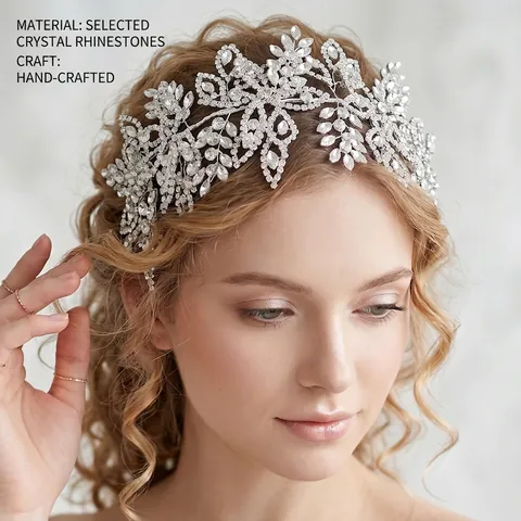 Diadema de Novia de Aleación de Lujo con Diamantes de Imitación Tejido de Flores y Hojas Hecho a Mano para Boda Fiesta Actuación Mujer Joyas para el Cabello