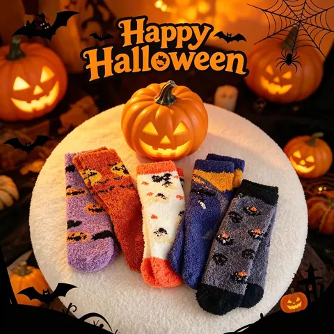 Halloween Damen Coral Fleece Flauschige Socken Warm Gemütlich Kürbis Fledermaus Muster Crew Socken Für Zuhause Party Geschenk