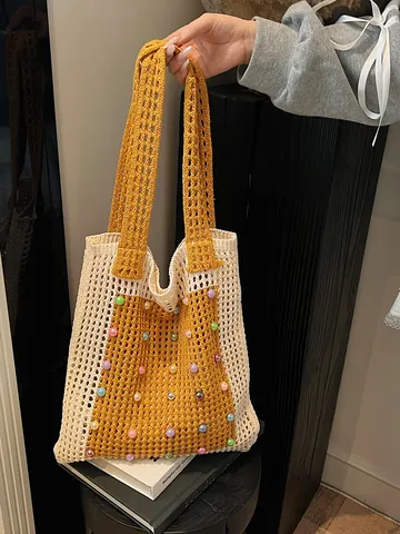 Handgefertigte Gehäkelte Blumen Tragetasche Ausgehöhlte Gestrickte Umhängetasche Patchwork Pastoraler Stil Strandtasche Für Damen