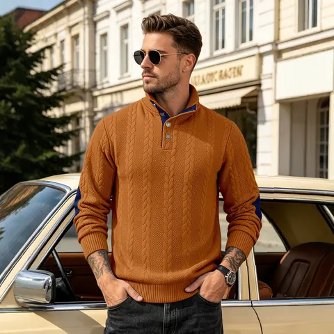 Heren Gebreide Polo Pullover Lange Mouwen Henley Kraag Sweatshirt Met Contrast Elleboog Patches Casual Top