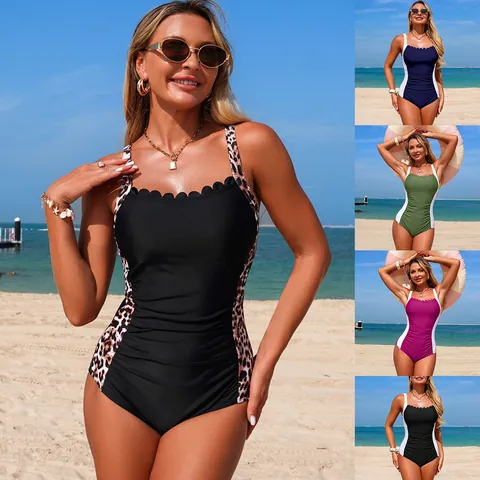 Women Scalloped Ruched One Piece Swimsuit Color Block Leopard Print Athletic Slimming Bathing Suit Nylon Beachwear