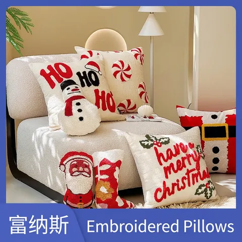 Housse De Coussin De Noël Brodée Touffetée Chenille Toile Velours Décoration De Fête Père Noël Renne Flocons De Neige