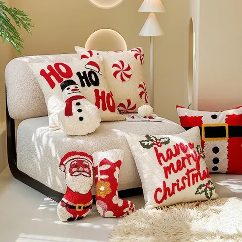 Christmas Throw Pillow Cover Embroidered Tufted Chenille Canvas Velvet Festive Holiday Decor Santa Reindeer Snowflakes