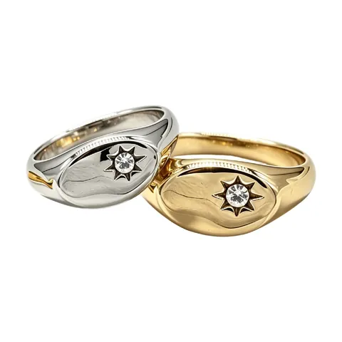 Minimalist Edelstahl Siegelring Für Damen Herren Gold Silber Plattiert Sternenmuster Strass Inlaid Mode Fingerring Schmuck