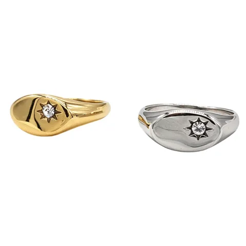 Minimalist Edelstahl Siegelring Für Damen Herren Gold Silber Plattiert Sternenmuster Strass Inlaid Mode Fingerring Schmuck
