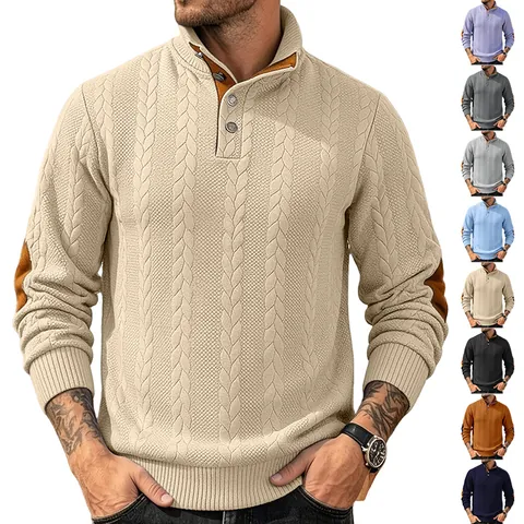 Heren Gebreide Trui Henley Opstaande Kraag Geknoopt Lange Mouwen Contrast Elleboogbeschermers Casual Pullover