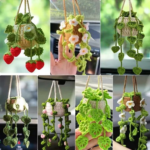 Handmade Crochet Potted Plant Car Hanging Decor Rearview Mirror Aesthetic Woolen Yarn Strawberry Flower Tree Interior Ornament