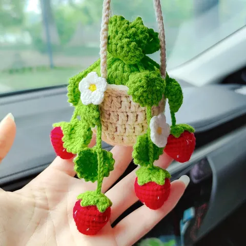 Handmade Crochet Potted Plant Car Hanging Decor Rearview Mirror Aesthetic Woolen Yarn Strawberry Flower Tree Interior Ornament