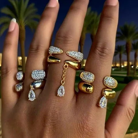Mode Kupfer Strass Offene Ringe Für Damen Wassertropfen Stern Kette Verstellbar Hip Hop Stil Statement Finger Schmuck