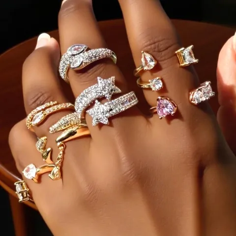 Mode Kupfer Strass Offene Ringe Für Damen Wassertropfen Stern Kette Verstellbar Hip Hop Stil Statement Finger Schmuck