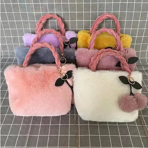 Cute Faux Rabbit Fur Cherry Tote Bag Women Large Capacity Plush Handbag With Braided Handle Chain Shoulder Messenger Bag