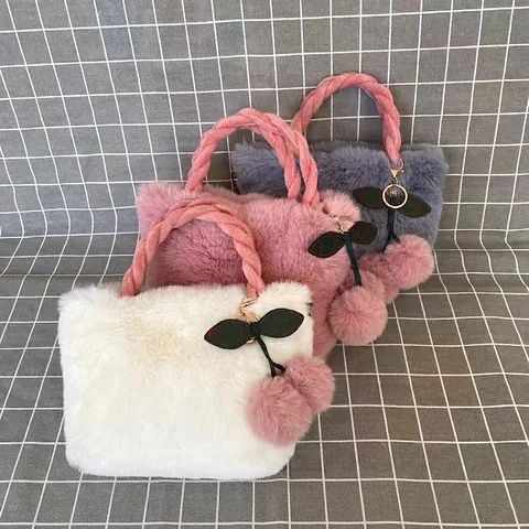 Cute Faux Rabbit Fur Cherry Tote Bag Women Large Capacity Plush Handbag With Braided Handle Chain Shoulder Messenger Bag