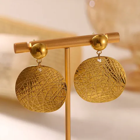 Geometric Textured Stainless Steel Drop Earrings For Women Gold Plated Heavy Industry Fan Shaped Round Ear Jewelry Gift