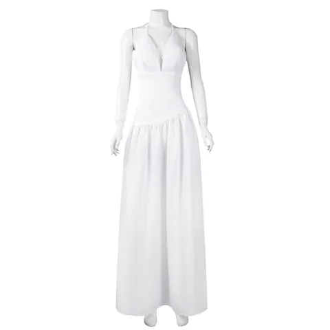 Women White Halter V-Neck Backless Pleated Maxi Dress Elegant Sleeveless Floor Length Evening Gown For Movie Character Cosplay Party