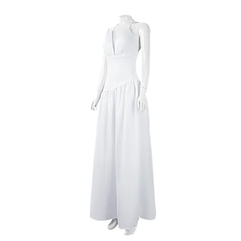 Damen Weiß Halter V-Ausschnitt Rückenfrei Gefaltetes Maxikleid Elegante Ärmellose Bodenlange Abendrobe Für Filmcharakter Cosplay Party