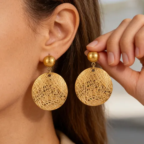 Geometric Textured Stainless Steel Drop Earrings For Women Gold Plated Heavy Industry Fan Shaped Round Ear Jewelry Gift