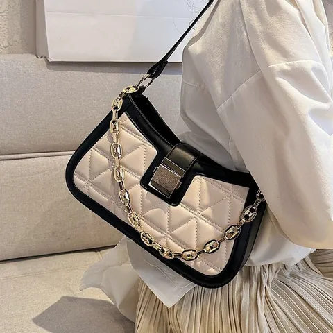 Bolso de Hombro Acolchado para Mujer Cuero PU Bolso Bandolera Con Decoración de Cadena Color de Contraste Patrón de Rombos