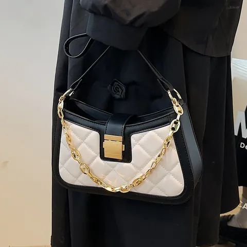 Bolso de Hombro Acolchado para Mujer Cuero PU Bolso Bandolera Con Decoración de Cadena Color de Contraste Patrón de Rombos