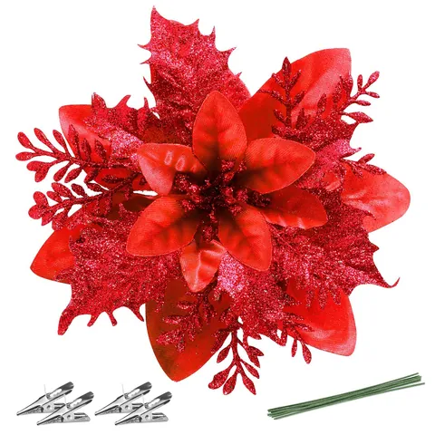 Kunstmatige Kerstbloemen Poinsettia Glitter Plastic Ornamenten Met Clips Voor Kerstboom Feestdagen En Huisdecoratie
