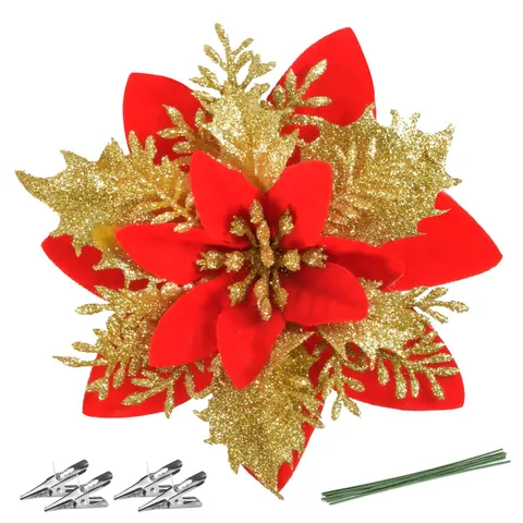 Kunstmatige Kerstbloemen Poinsettia Glitter Plastic Ornamenten Met Clips Voor Kerstboom Feestdagen En Huisdecoratie