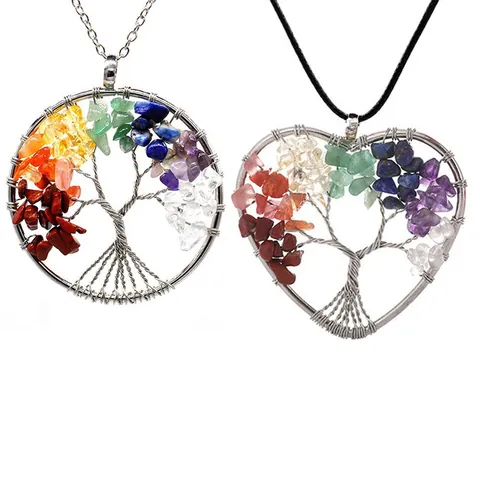 Handmade Tree of Life Pendant Necklace Natural Stone Chip Beads Wire Wrapped Boho Jewelry For Women Men Crystal Healing Necklace
