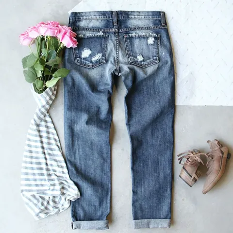 Γυναικείο Vintage Washed Σκισμένο Τζιν με Ροζ Floral Patchwork Ίσιο Τζιν Παντελόνι Casual Streetwear