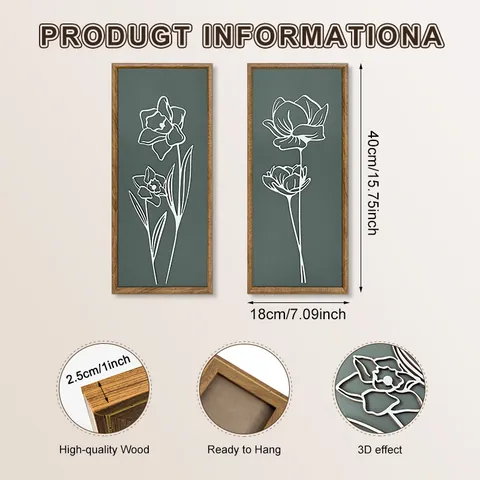 3D Vintage Holzgerahmte Wandkunst Deko Minimalistisch Weiße Florale Linien Pflanzen Hängende Dekoration Für Wohnzimmer Schlafzimmer