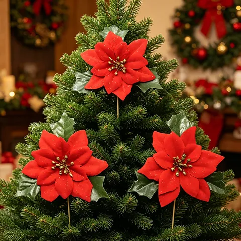 Fiore di Natale Artificiale Floccato Stella di Natale Con Foglie Verdi Ornamento Floreale Rosso per Decorazione Albero di Natale