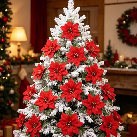 Fiore di Natale Artificiale Floccato Stella di Natale Con Foglie Verdi Ornamento Floreale Rosso per Decorazione Albero di Natale
