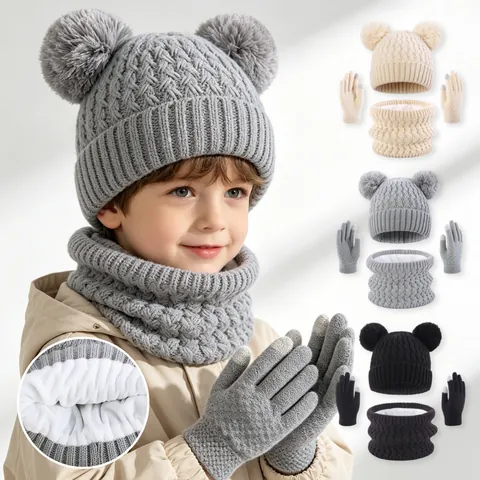 Bambini Inverno Berretto Sciarpa Guanti Doppio Pompon Maglia A Trecce Foderato In Pile Caldo Outdoor Muffole Touchscreen Neonati