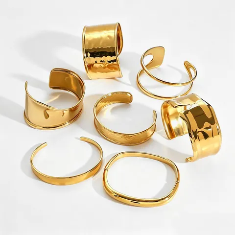 Minimalist Stainless Steel Gold Open Cuff Bracelet For Women Hammered Texture Artificial Pearl Geometric Fashion Jewelry