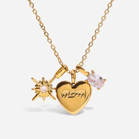 Collana con Pendente MOM Cuore Stella Pietra in Acciaio Inossidabile Placcato Oro 18K Gioielli Strass Regali Festa della Mamma