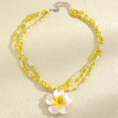 Hawaiian Style Flower Multi Layer Beaded Choker Necklace Fresh Sweet Yellow White Seed Bead Clasp Layered Strand Necklaces For Beach Vacation Women Decorative Jewelry