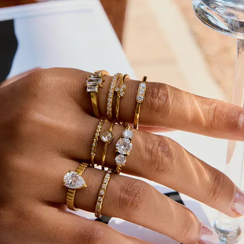 18K Gold Plated Stainless Steel Rings White Zircon Waterproof Hypoallergenic Elegant Hollow Geometric Jewelry For Women