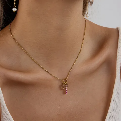 18K Gold Plated Stainless Steel Pendant Necklace Pink Cubic Zirconia Hollow Heart Square Charm Jewelry For Women