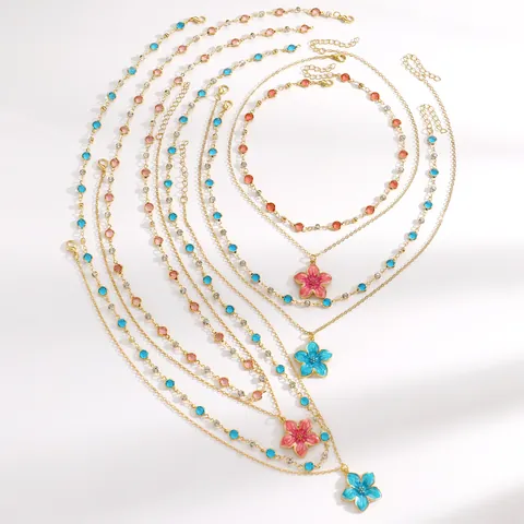 Sweet Ins Style Alloy Iron Enamel Flower Pendant Necklace Colorful Rhinestone Double Layer Clavicle Chain Jewelry For Women